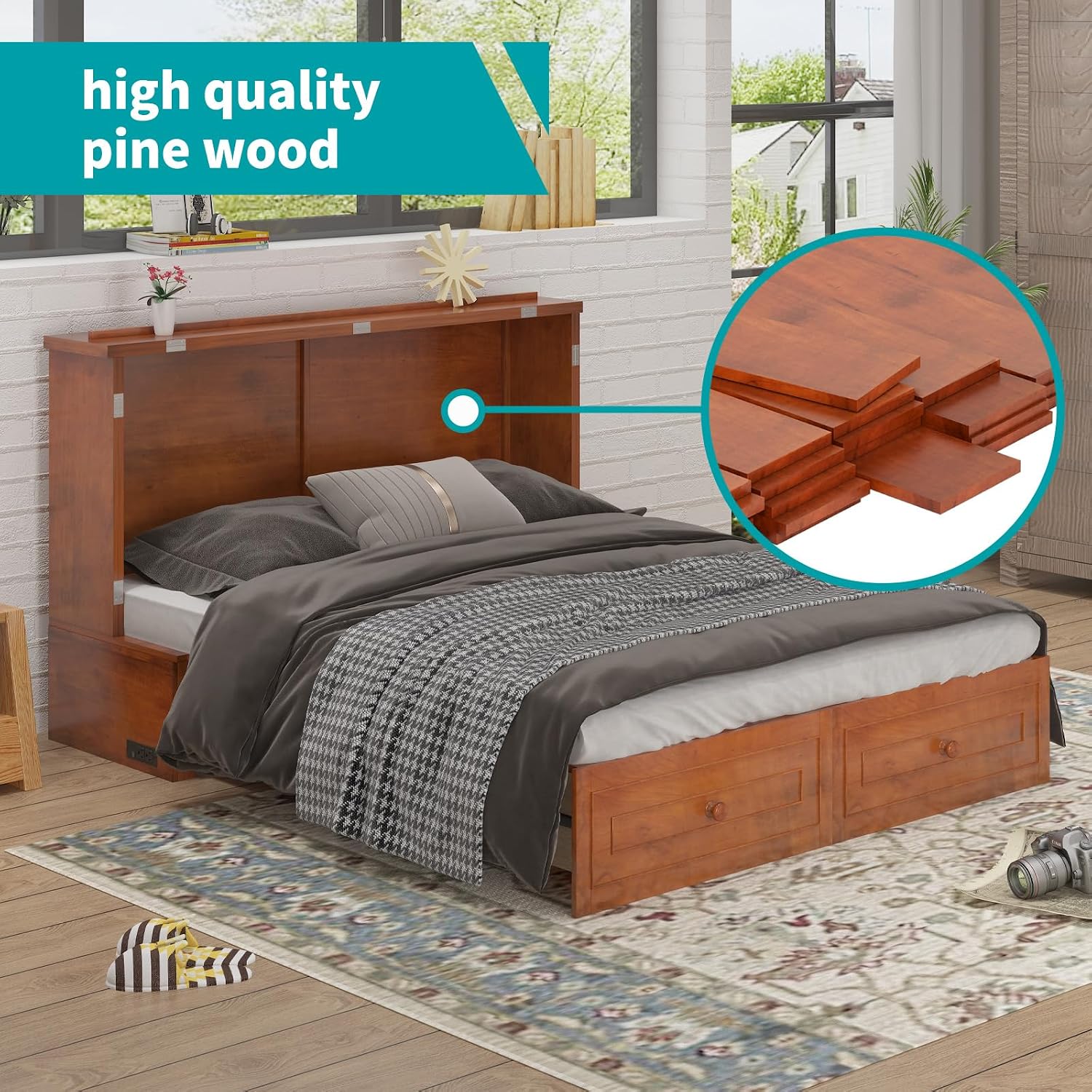 BALUS Queen Murphy Bed Cabinet with Tri-Fold Memory Foam Mattress, Built-in USB Charging Station, Cube Cabinet Bed with Storage Drawer, Modern Adults Chest Cabinets Wall Beds for Living Room, Cherry