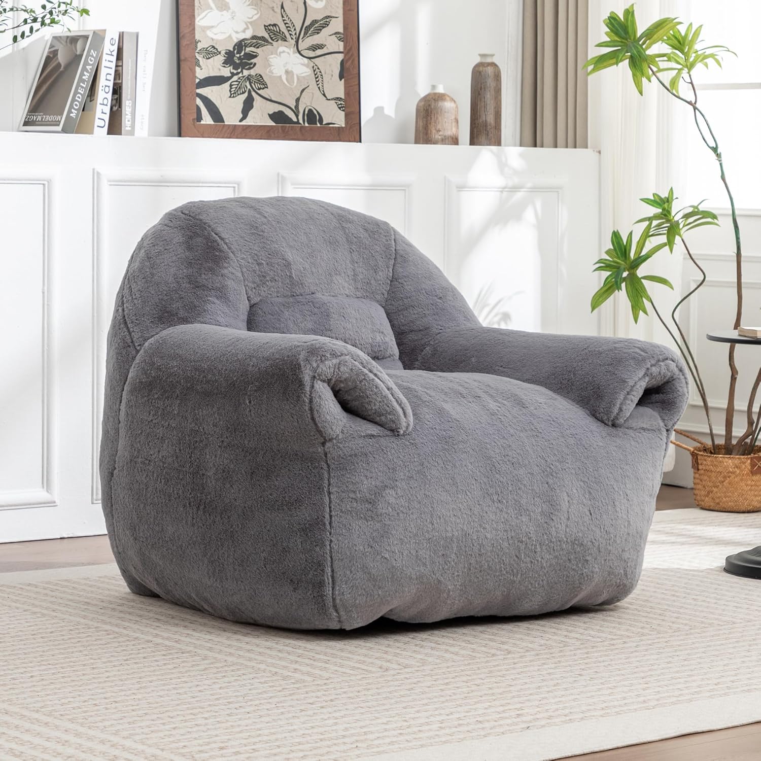 Bean Bag Chair for Adults and Childs with Armrests, High Back Supportive Plush Lounge, Oversized Faux Fur Floor Sofa for Living Room, Bedroom and Dorm (Dark Gray)