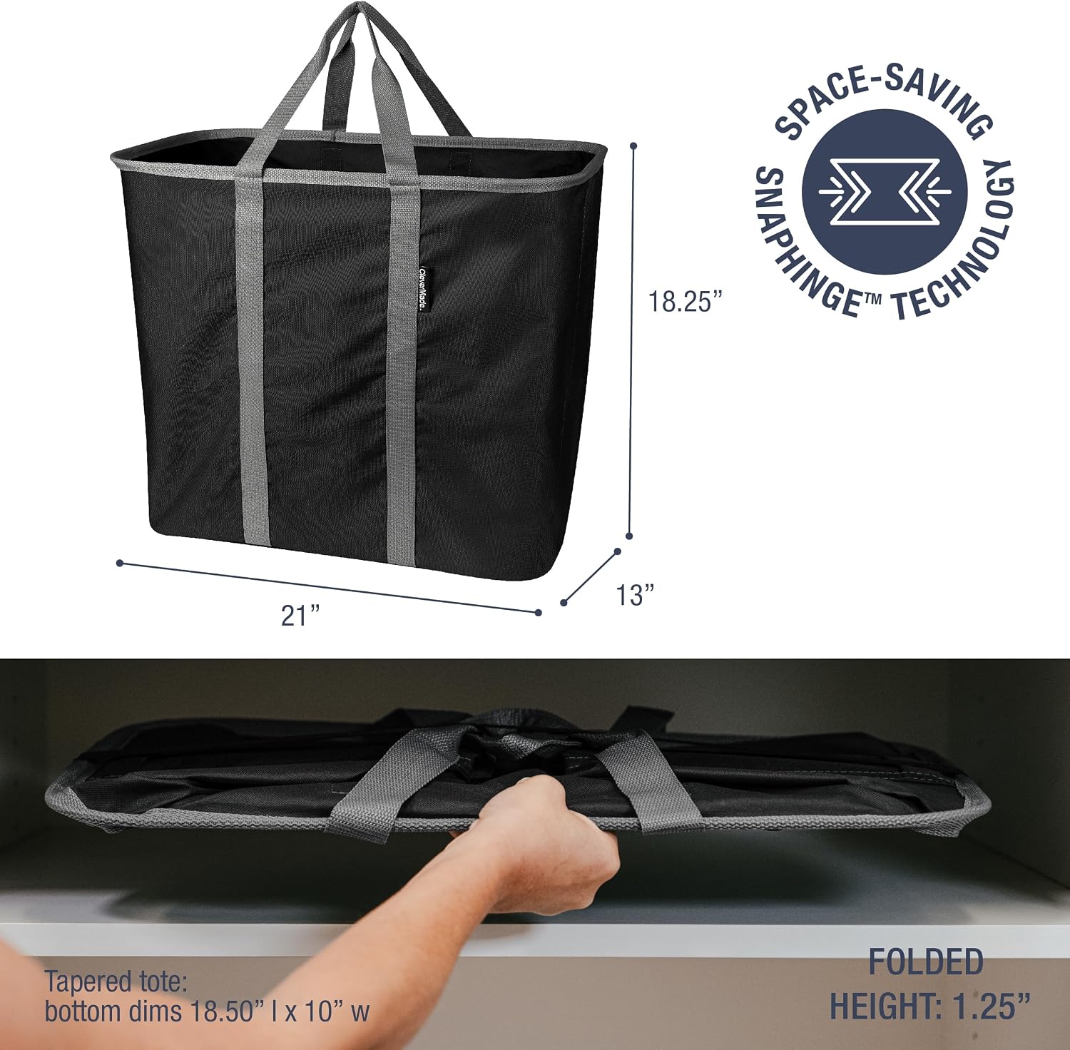 CleverMade Collapsible Laundry Caddy – Foldable Laundry Hamper & Tote, XXL 64L Pop-Up Laundry Basket with Handles, Space-Saving Laundry Organizer for Home, Dorm, Closet & Travel, 2 Pack - Black Gray