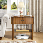Fluted Nightstand Set of 2, Walnut End Table with Sliding Doors, Bedside Table Mid Century Modern with Open Shelf, Large Night Stand for Bedroom, Living Room, Space Saving