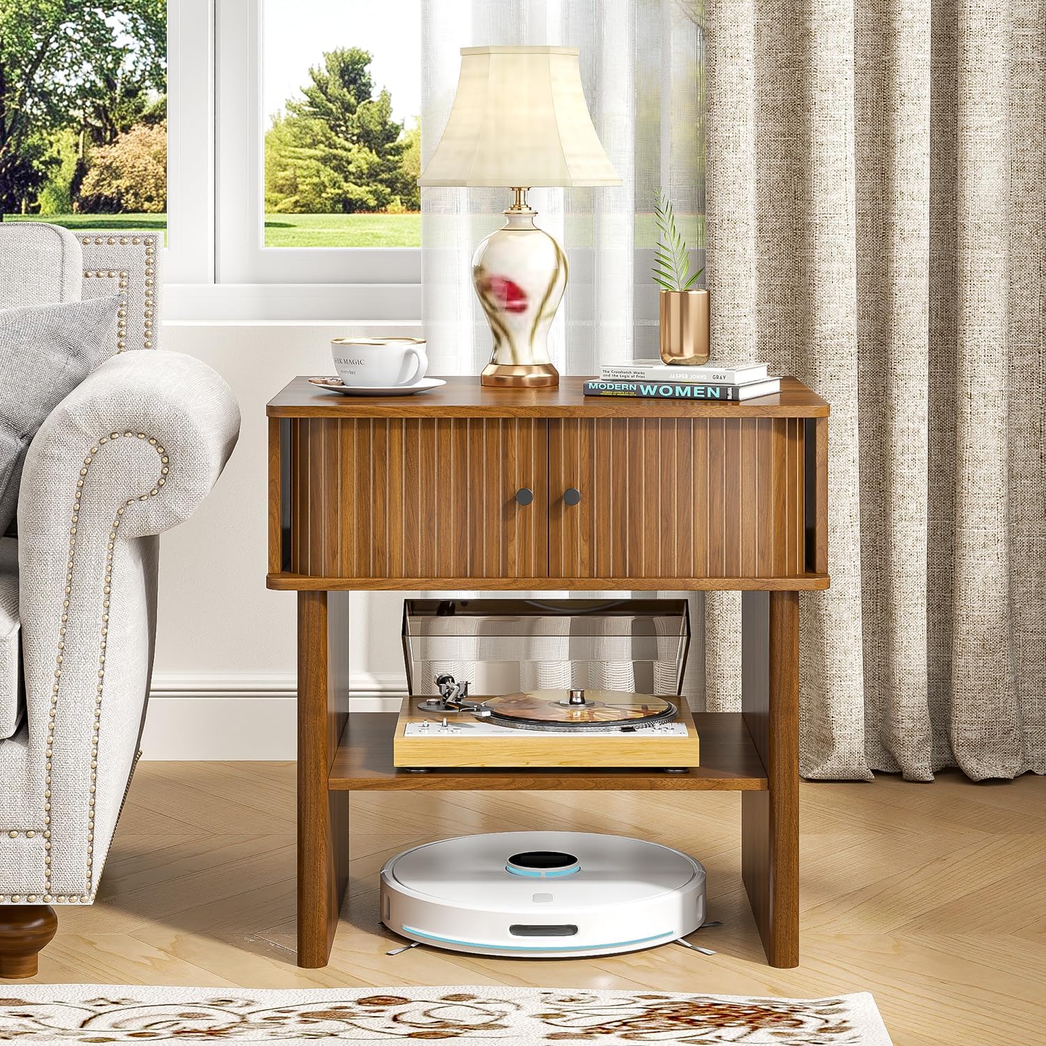 Fluted Nightstand Set of 2, Walnut End Table with Sliding Doors, Bedside Table Mid Century Modern with Open Shelf, Large Night Stand for Bedroom, Living Room, Space Saving