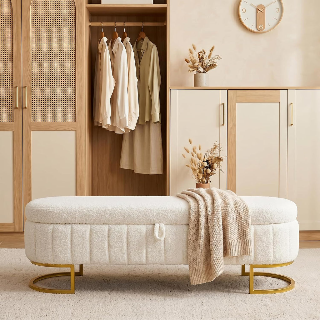 65" Curved Storage Ottoman Bench for Bedroom, Upholstered End of Bed Bench for King Size Bed, Oval Storage Bench with Gold Metal Legs, Bedroom Bench for Living Room Entryway, Beige Boucle