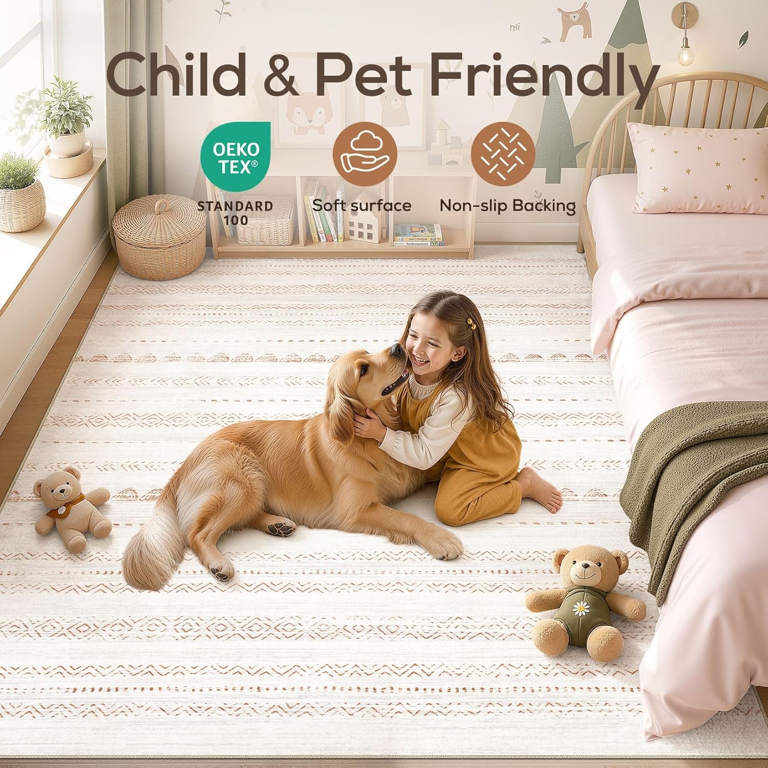 Nakagishi Area Rug Living Room Rugs: 5x7 Large Soft Machine Washable Boho Moroccan FarmNeutral Stain Resistant Indoor Floor Carpet for Bedroom Under Dining Table Home Office Decor-Cream Brown