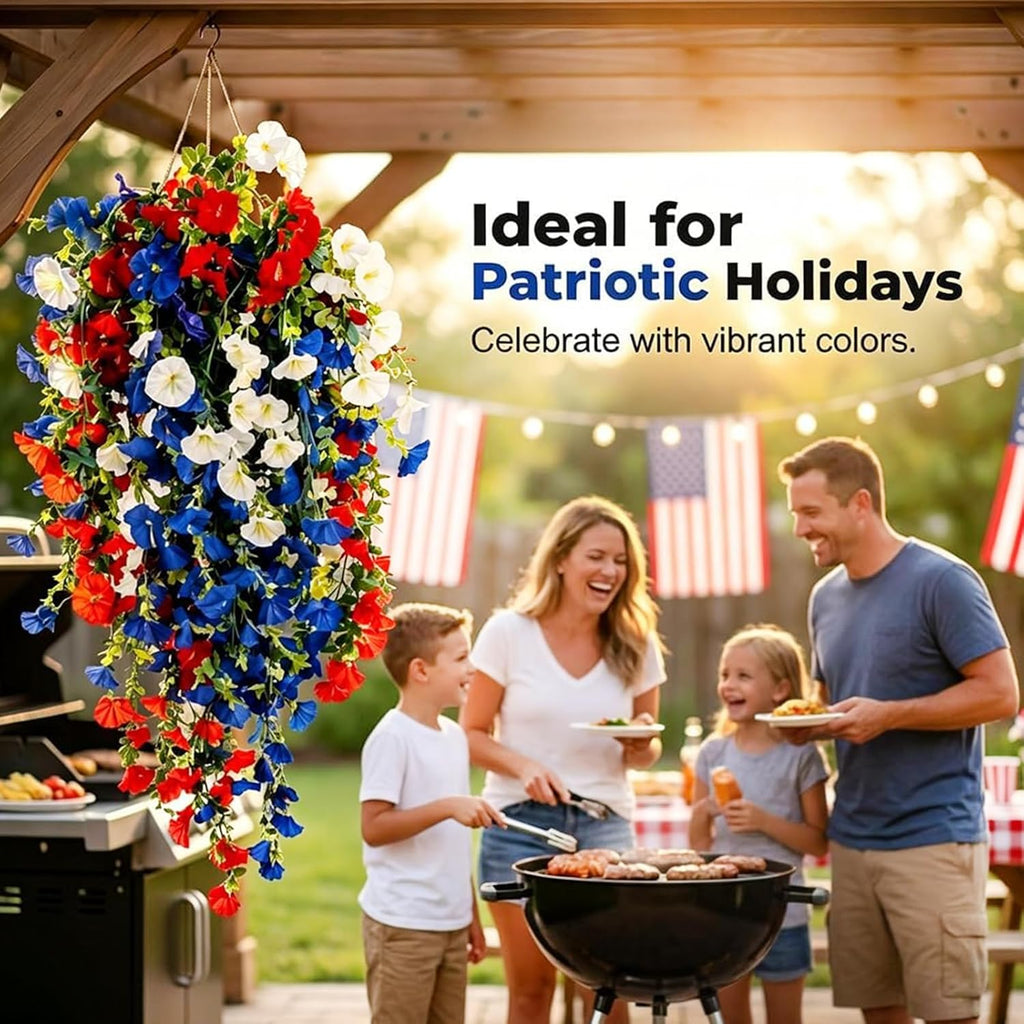 Red White and Blue Hanging Flowers, Patriotic Hanging Flower Baskets,Resistant Faux Silk Flowers, for Porch, Yard, Veterans Memorial Day Patio Home