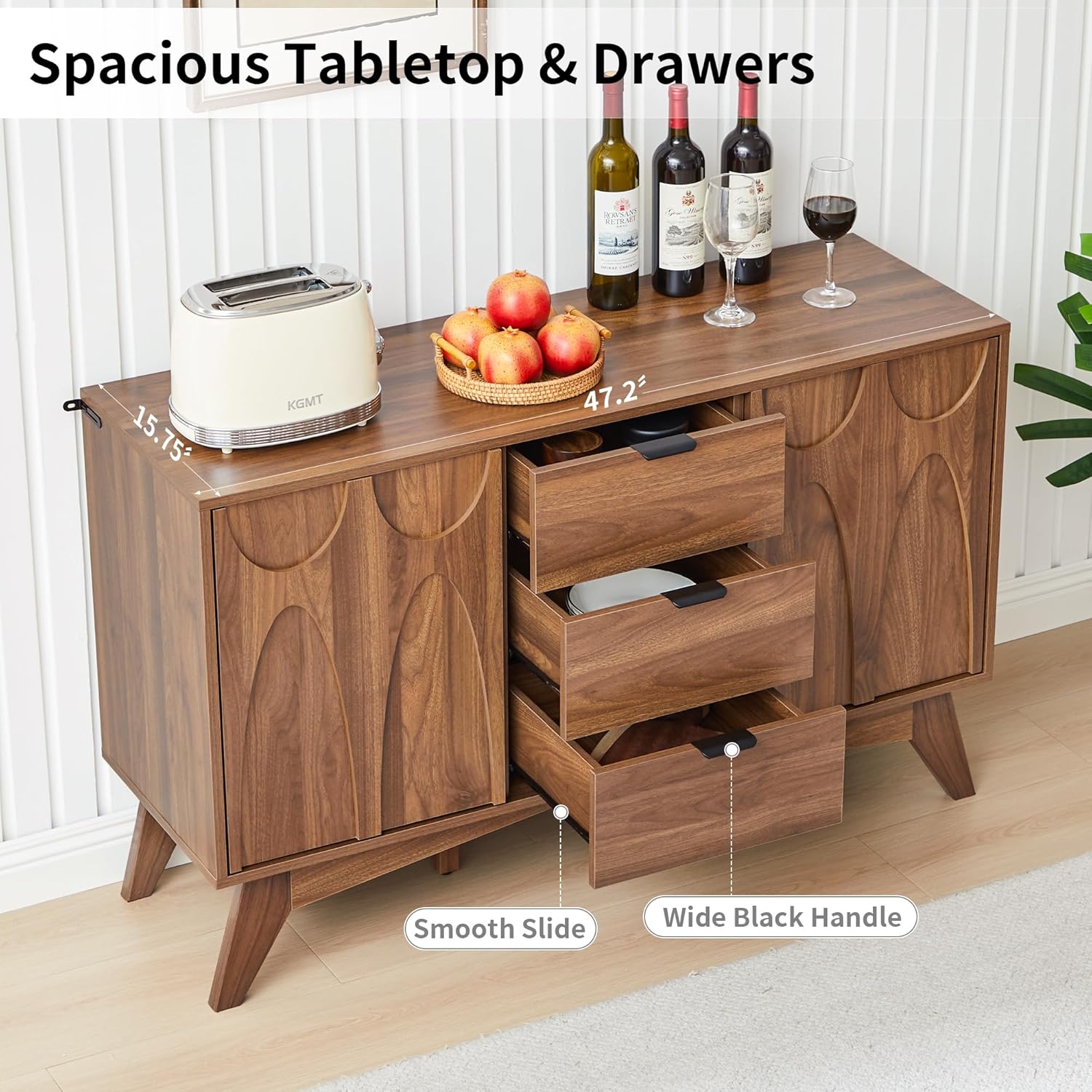 Bifins Buffet Cabinet with Storage, 47.2" Storage Cabinet with 3 Drawers, Large Sideboard with 2 Doors,Mid Century Modern Coffee Bar Cabinets for Living Room, Kitchen