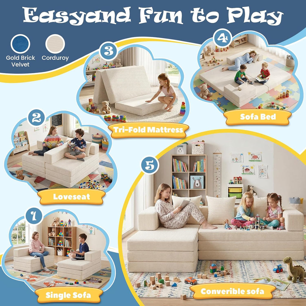 Modular Kids Play Couch, Convertible Toddler Sectional Sofa, Soft Cloud Corduroy Kids Sofa Bed with 3 Pillows, Safe No Edge Foam Play Furniture for Boys Girls Playroom Bedroom