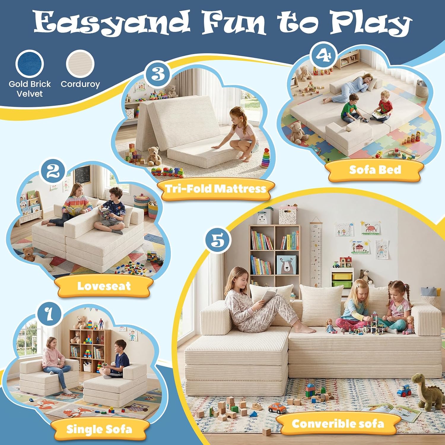 Modular Kids Play Couch, Convertible Toddler Sectional Sofa, Soft Cloud Corduroy Kids Sofa Bed with 3 Pillows, Safe No Edge Foam Play Furniture for Boys Girls Playroom Bedroom