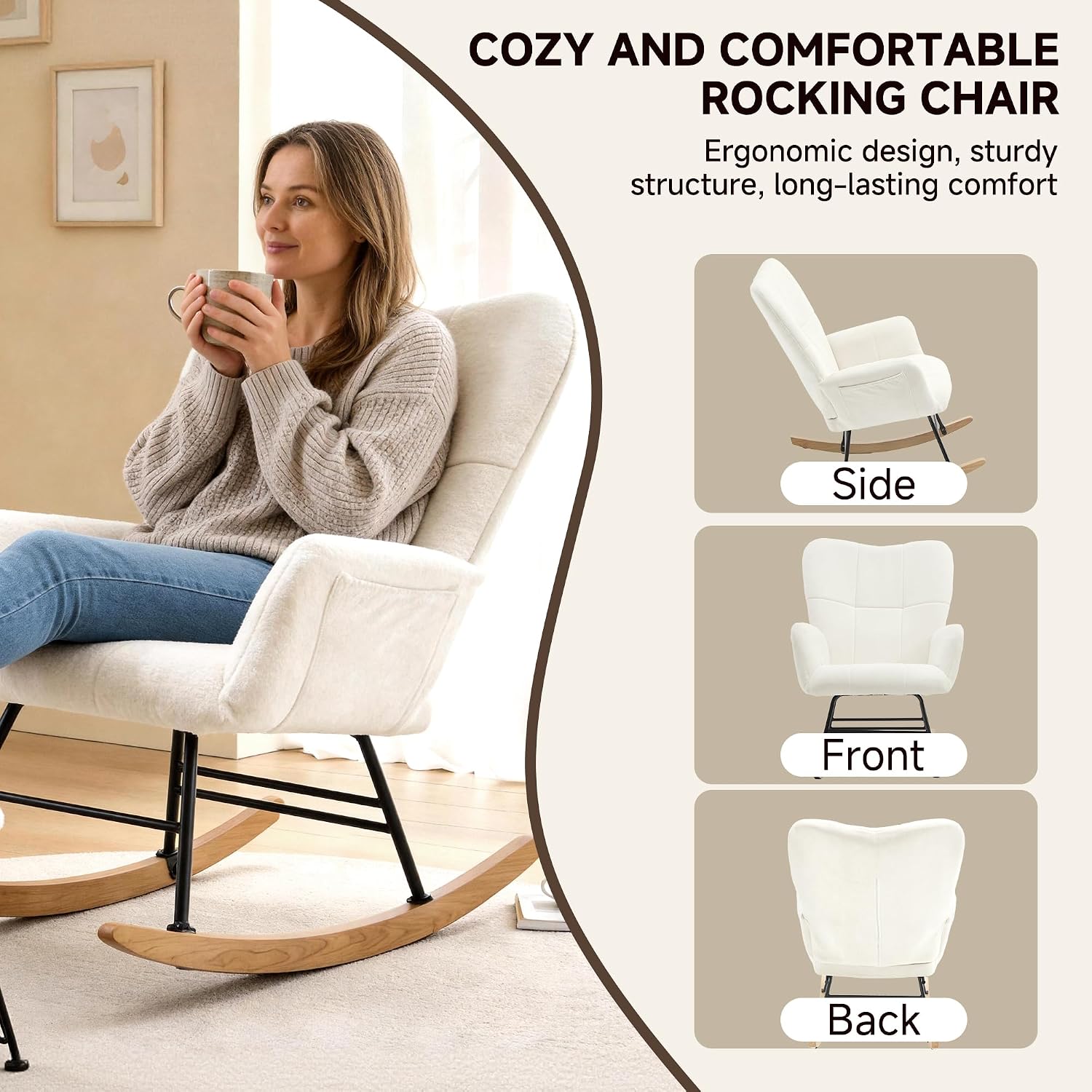 KEEZY Rocking Chair Nursery with Footrest,Upholstered Glider Rocker,Rocking Accent Chair with Padded Seat with High Backrest,Reading Chair,Armchair Comfy Side Chair for Living Room Bedroom (Beige)