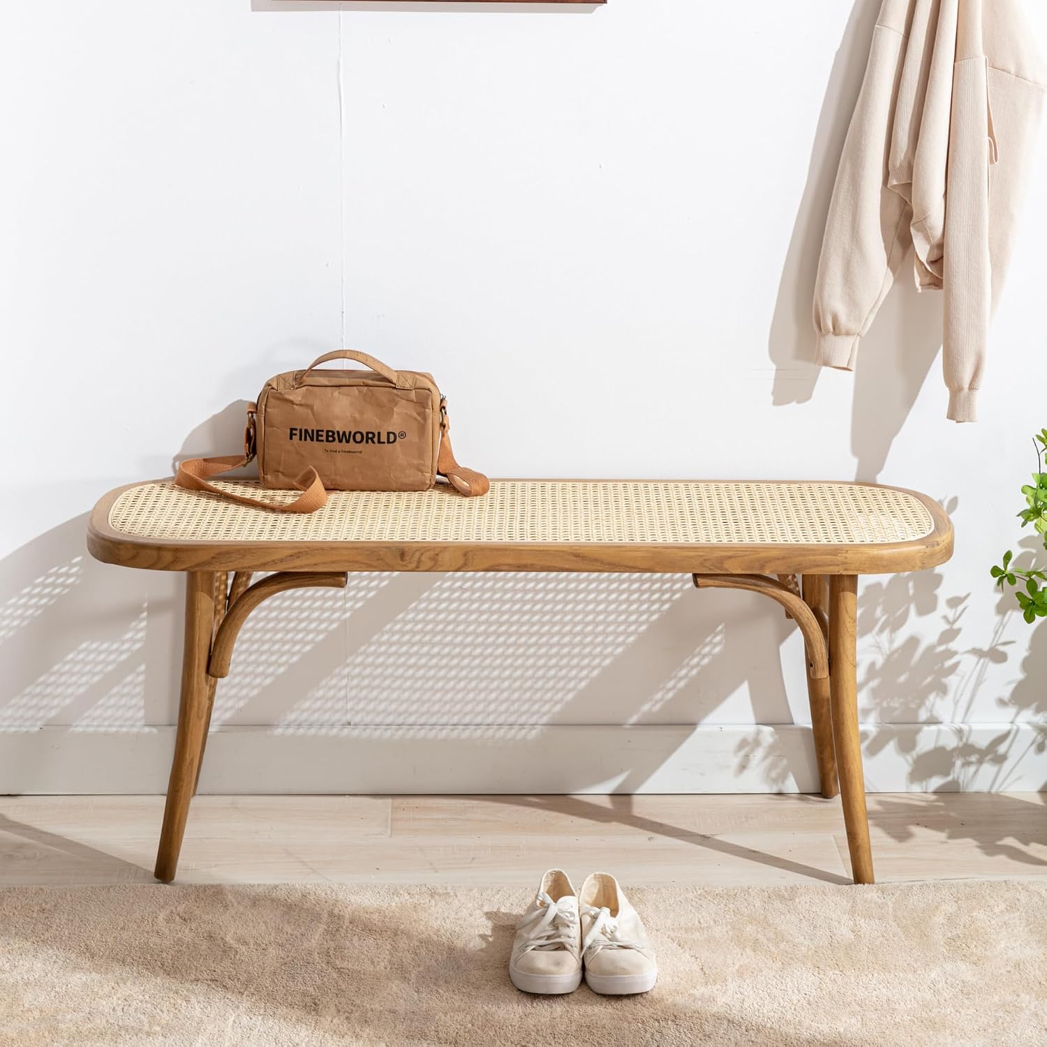Farmhouse Wood Dining Bench with Rattan Seat, Boho Accent Bench for Entryway Bedroom End of Bed Kitchen Window Small Space