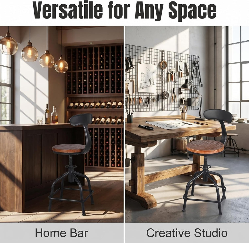 Topower Farmhouse Kitchen Stool, Industrial Counter Stool, Kitchen Deco Round Seat Standard Height Adjustable Swivel Bar Stools with Backrest Indoor House Design Iron Backrest Black Set of 2