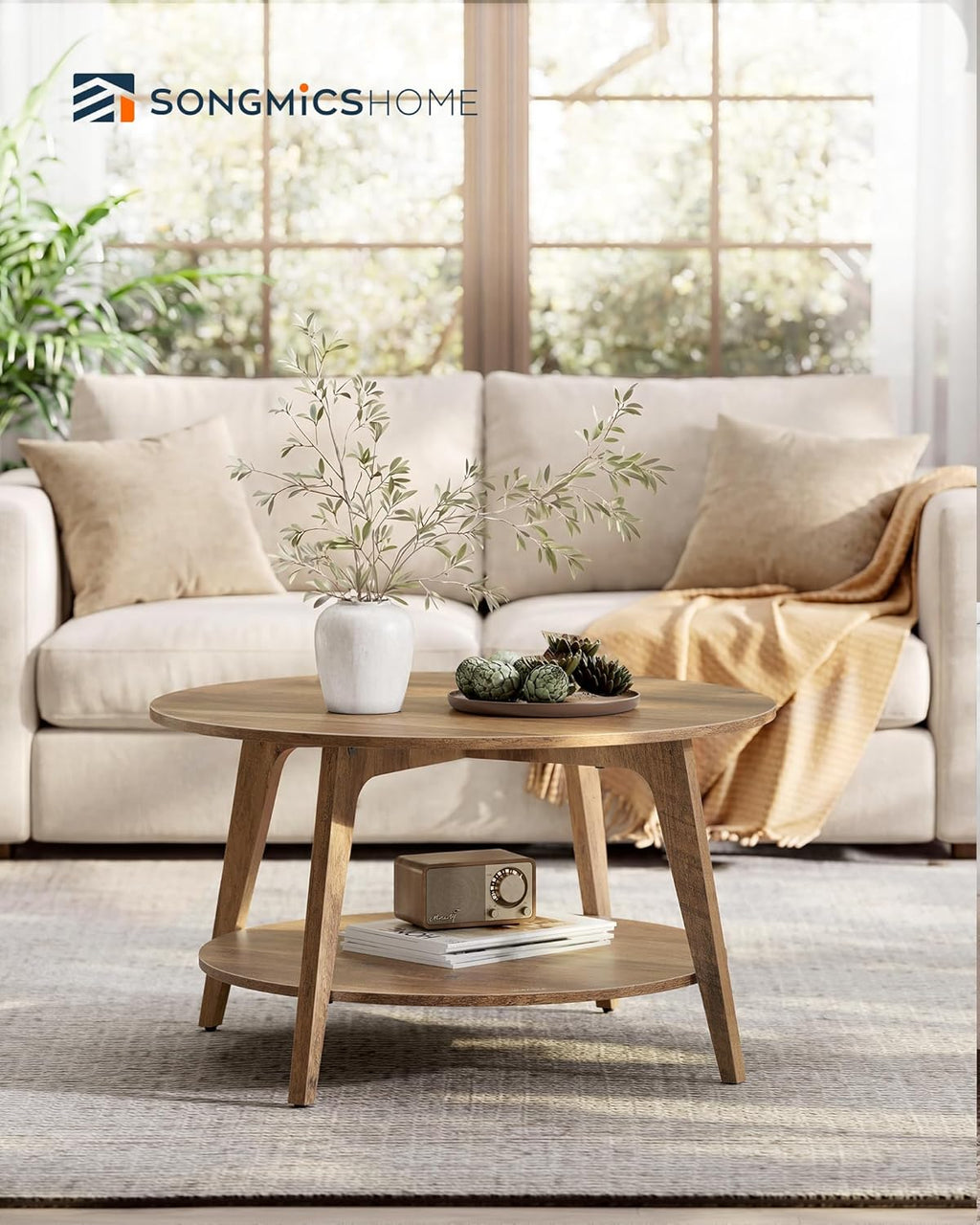 SONGMICS HOME Round Coffee Table, 2 Tier Living Room Center Table, Mid Century Modern Charm, Brown