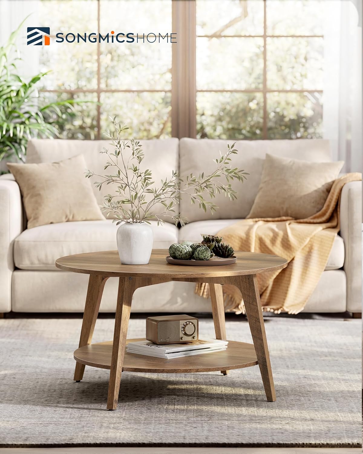SONGMICS HOME Round Coffee Table, 2 Tier Living Room Center Table, Mid Century Modern Charm, Brown