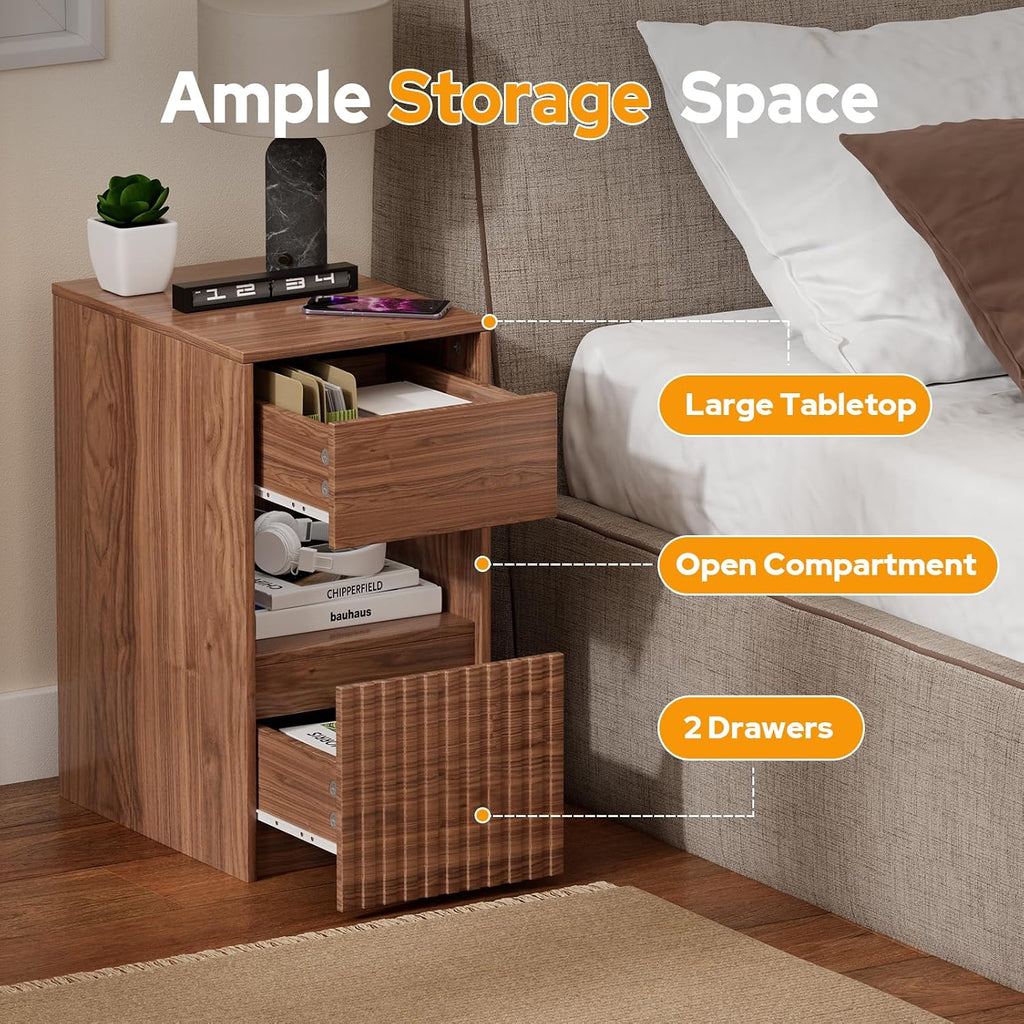 Eongdon Fluted Nightstand Set of 2, Mid Century Modern End Table with 2 Drawers and Open Storage, 11.7" W Narrow Bedside Table Organizer, Wood-Like Walnut Finish Compact Night Stand for Bedroom, Sofa