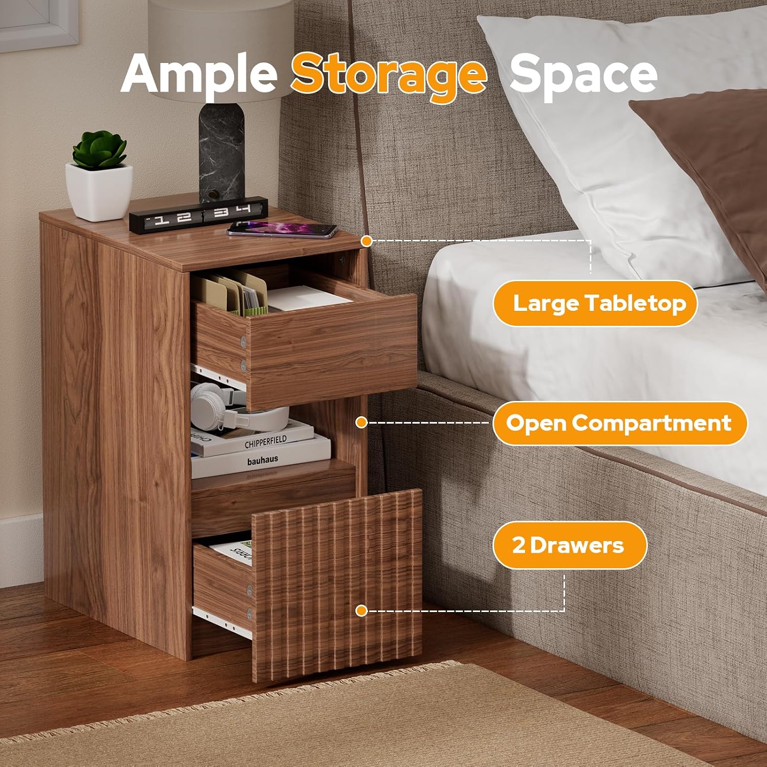 Eongdon Fluted Nightstand Set of 2, Mid Century Modern End Table with 2 Drawers and Open Storage, 11.7" W Narrow Bedside Table Organizer, Wood-Like Walnut Finish Compact Night Stand for Bedroom, Sofa