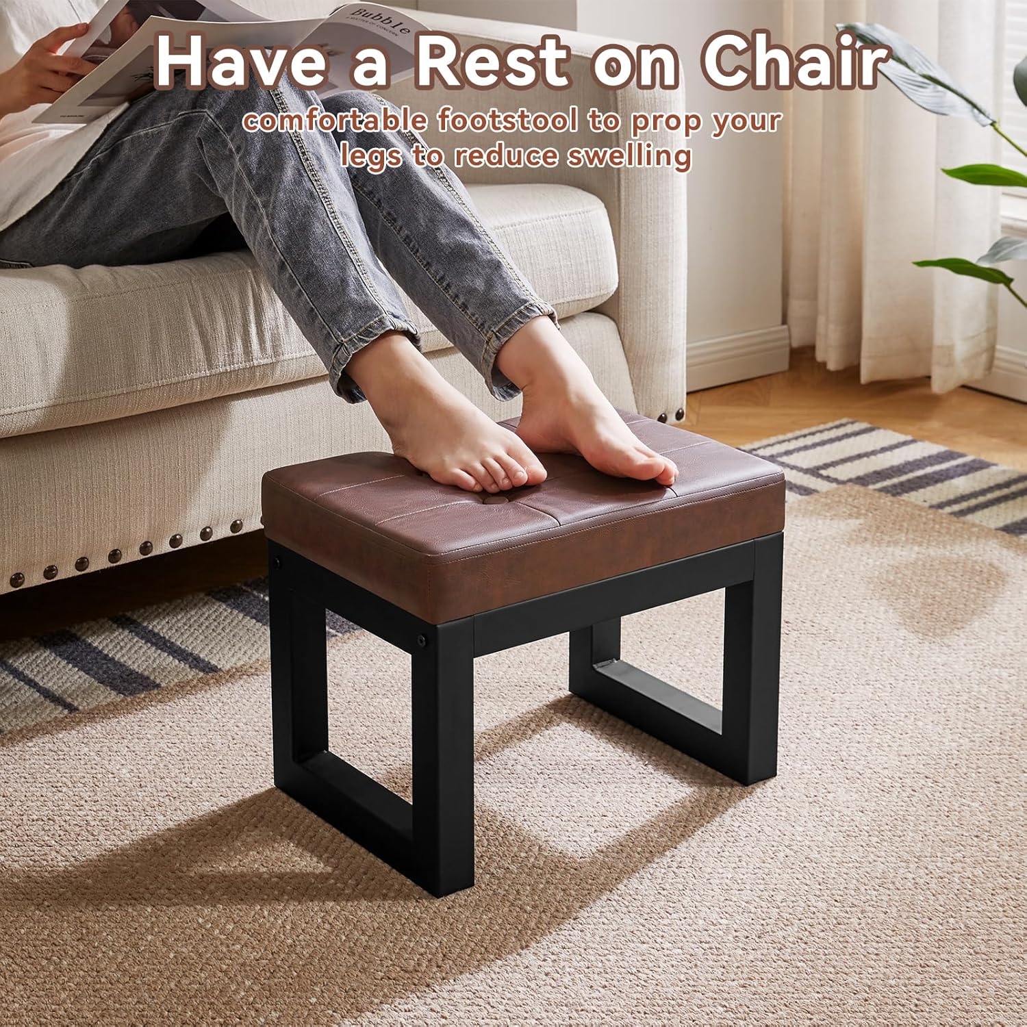 IBUYKE 16 Inch Small Foot Stool Ottoman, Rectangle PU Faux Leather Foot Rest with Padded Seat and Metal Legs, Modern Ottoman Foot Rest for Living Room Bedroom Entryway Couch, Dark Brown WBD026Z
