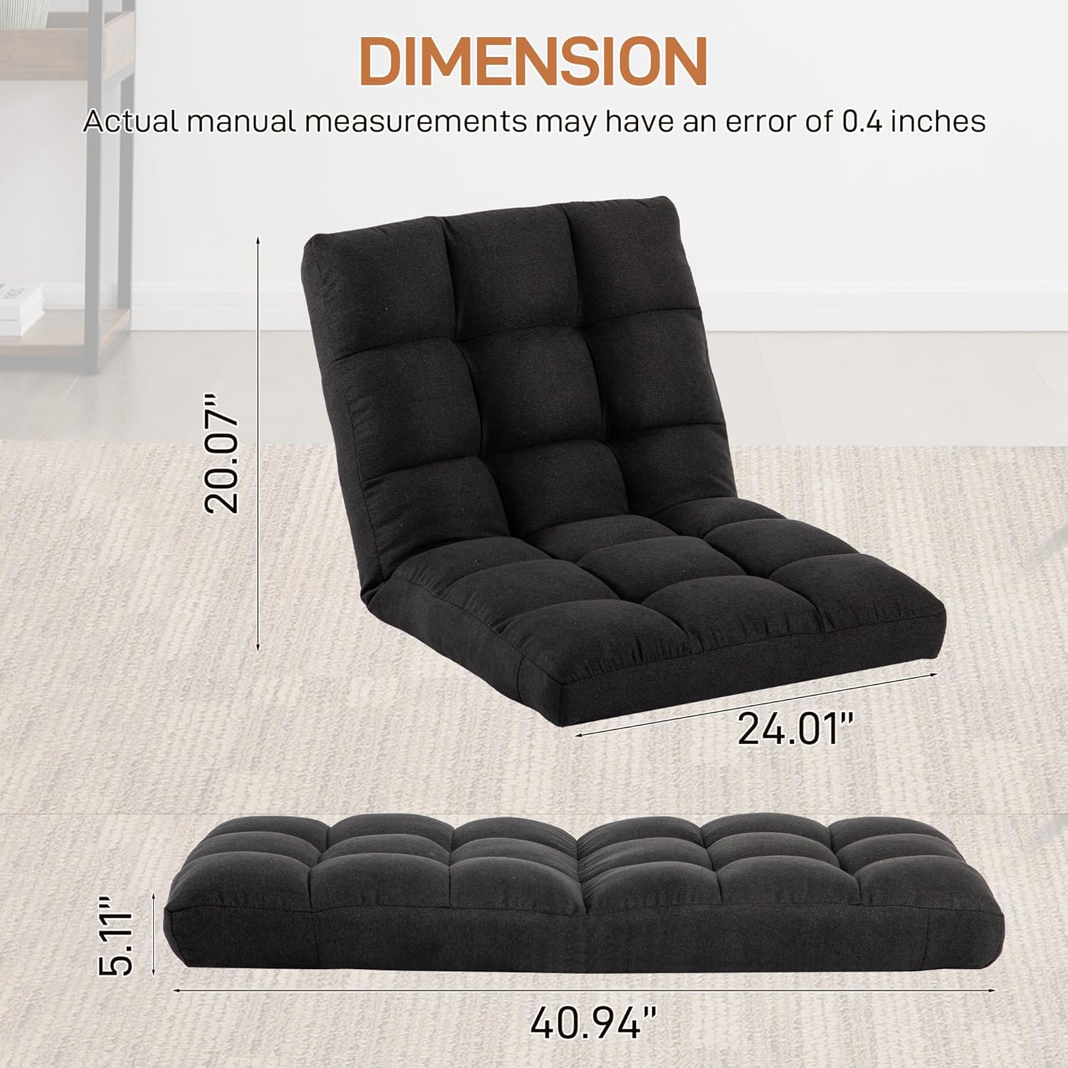 Floor Chair with Back Support Folding Chair with 6 Adjustable Position, Padded Sleeper Bed, Floor Gaming Chair, Meditation Chair, Gaming Floor Chairs for Adults (Country Rustic, Black)