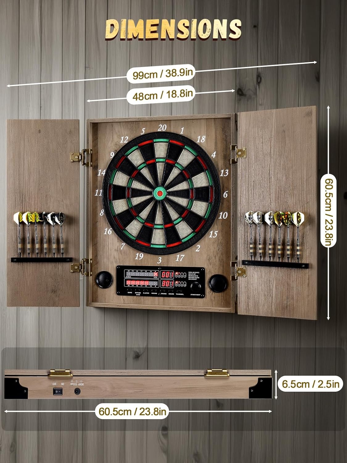 Electronic Dart Board, Decorative Dart Board Cabinet Set for Adults [12*Bronze Soft Tip Darts] [Cricket Game Mode]- Wooden Electric Dartboard Cabinet for Family Game Rooms