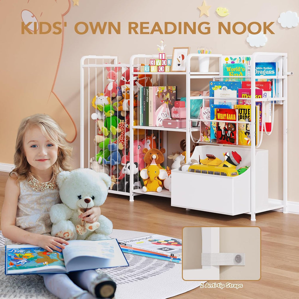 BBLIKE Kids Bookshelf and Toy Storage Organizer, 3-in-1 Toddler Montessori Bookcase with Stuffed Animal Storage & Movable Toy Chest, Large Plushies Holder for Nursery Playroom Bedroom, White