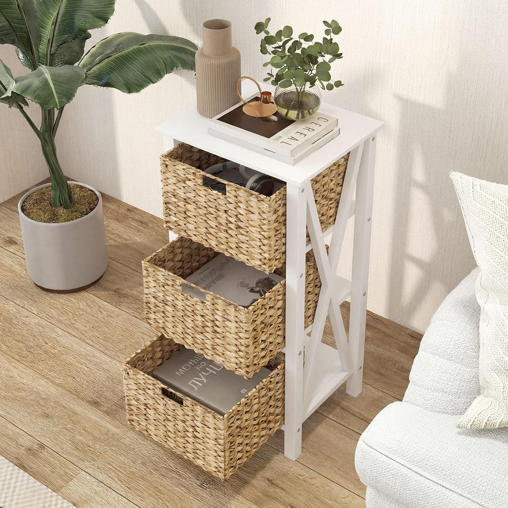 GOFLAME End Table with Wicker Drawers, Sofa Side Table with 3 Baskets, Rubber Wood X-Shaped Frame & Acacia Wood Legs, 3-Tier Wicker Nightstand Bedside for Living Room, Bedroom, White