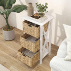 GOFLAME End Table with Wicker Drawers, Sofa Side Table with 3 Baskets, Rubber Wood X-Shaped Frame & Acacia Wood Legs, 3-Tier Wicker Nightstand Bedside for Living Room, Bedroom, White
