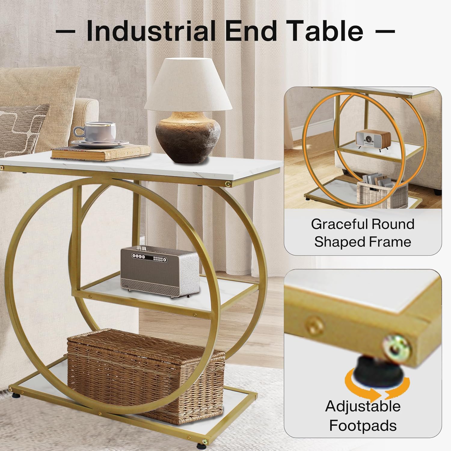AT-VALY 3-Tier End Table, Side Table with Storage Shelves, Small Sofa Side Table for Living Room, Bedroom (Gold)