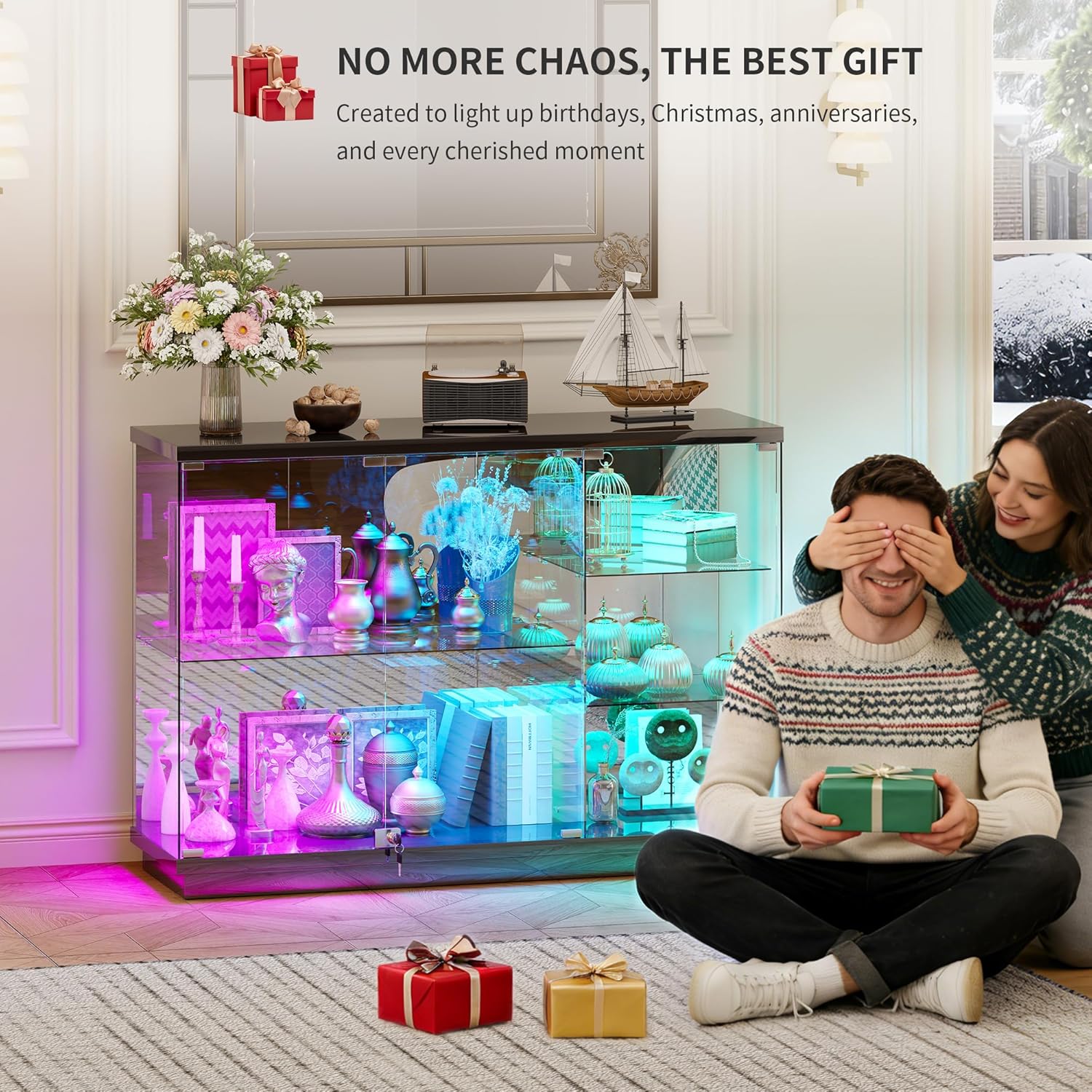 RGB Glass Display Cabinet - with Human Body Sensor, High Gloss Sideboard with Lock & Glass Shelves for Toys, Books, Collectibles, Liquor, Bookcase for Living Room, Kitchen, Study, Black