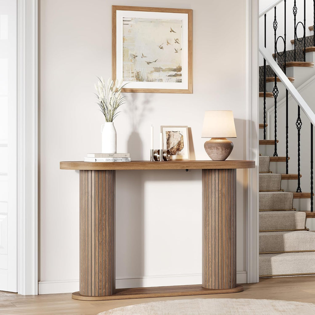 Garvee Fluted Console Table, 42.5 Inch Narrow Wood Entryway Table with Storage Shelf, Sofa Table Behind the Couch, for Hallway, Living Room, Foyer, Entrance, Walnut
