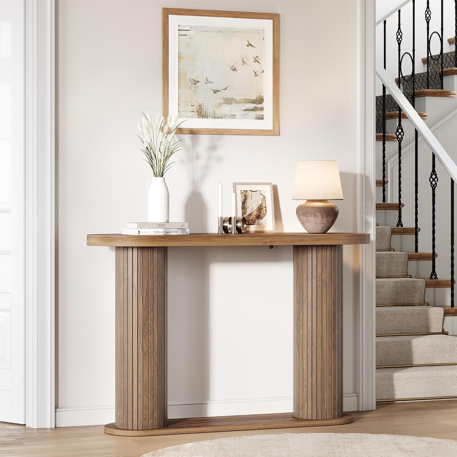 Garvee Fluted Console Table, 42.5 Inch Narrow Wood Entryway Table with Storage Shelf, Sofa Table Behind the Couch, for Hallway, Living Room, Foyer, Entrance, Walnut
