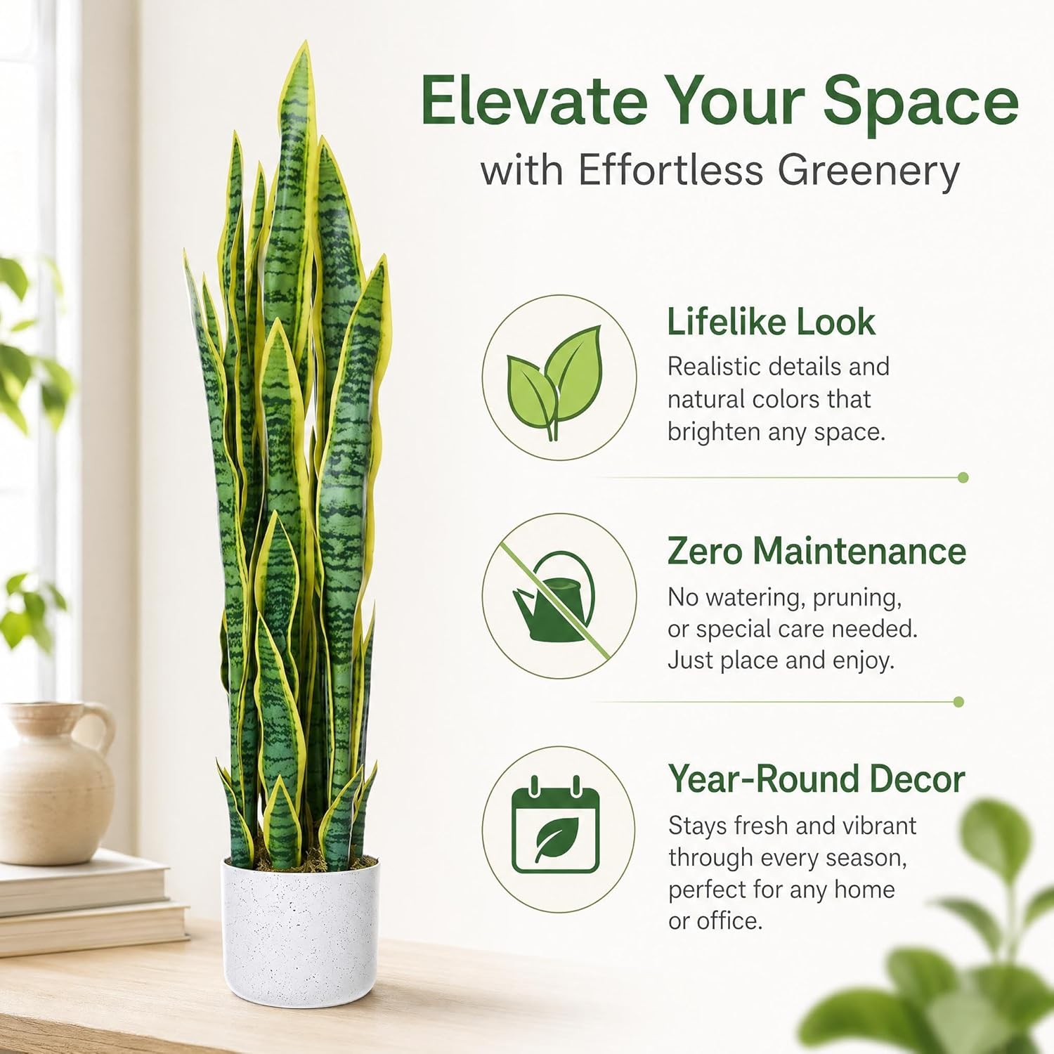 3FT Tall Artificial Trees, Fake Snake Plant with White Planter & 33 Realistic Leaves, Large Potted Artificial Sansevieria Mother in Law Tongue Plant, for Living Room Hallway Entryway