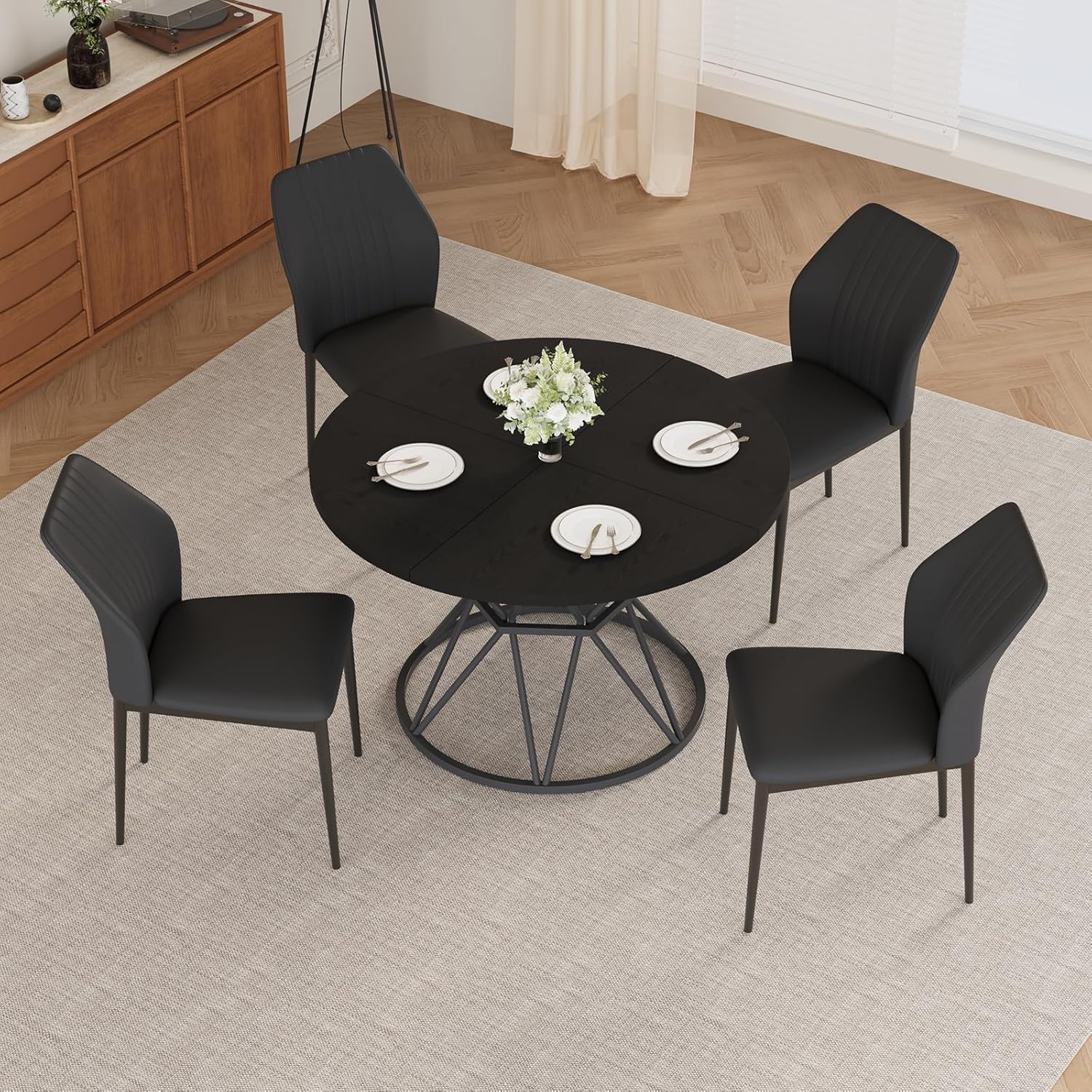 HIPIHOM 47.24" Round Dining Table Set for 4, 5 Piece Dining Room Table Set, Circle Kitchen Table and Chairs for Dining Room, Living Room, Kitchen, Apartment(Black Table + 4 Black Faux Leather Chairs)
