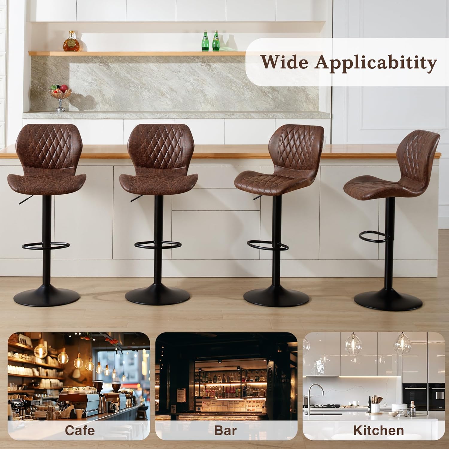Bar Stools Set of 4, Modern Swivel Counter Height Barstools for Kitchen Island Chairs, Adjustable Fabric Bar Stools with Back for Kitchen Counter Bar, Brown