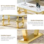 69" Faux Marble Dining Table for 6, Modern Rectangular Kitchen Table with Gold Mirrored Stainless Steel Double H-Shape Base, Luxury Dining Table for Living Room, Home Office