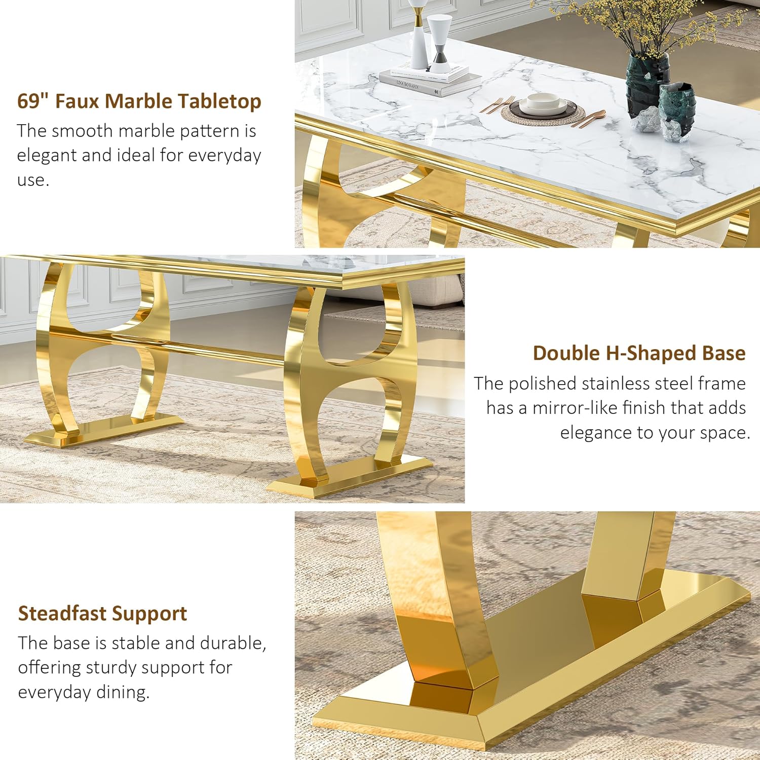 69" Faux Marble Dining Table for 6, Modern Rectangular Kitchen Table with Gold Mirrored Stainless Steel Double H-Shape Base, Luxury Dining Table for Living Room, Home Office