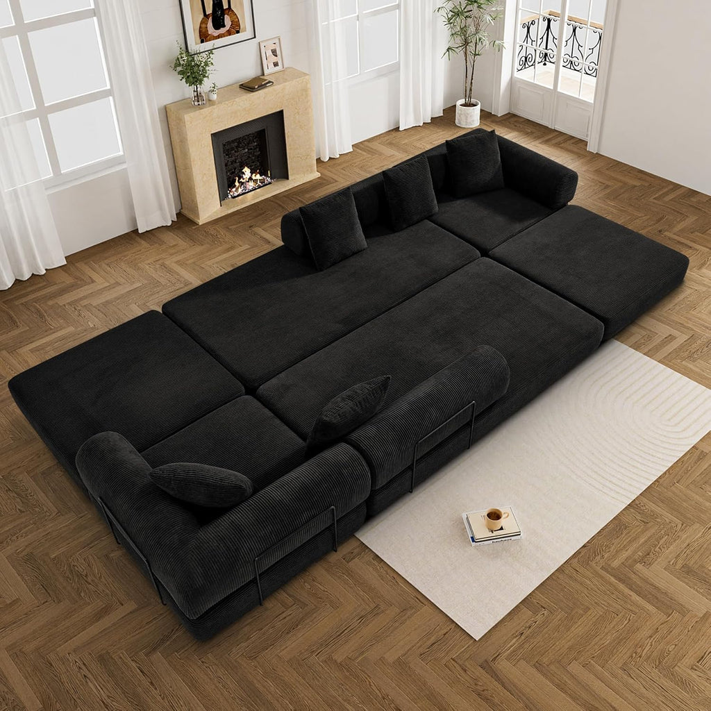DAMAIFROM Convertible Sleeper Sofa Bed with Cylindrical Pillow,Corduroy Folding Mattress Couch with Fixed-Shape Frame,Modular Floor Sofa Lounge Couch for Living Room Bedroom Lounge,158.6",Black