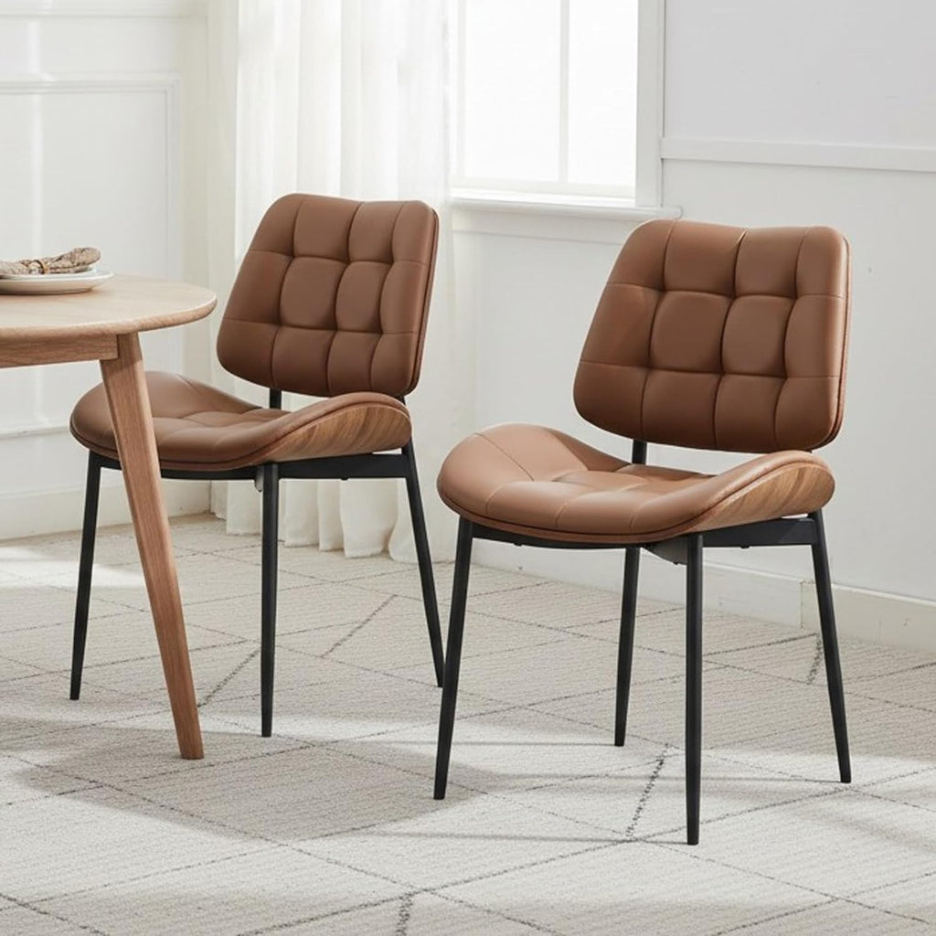 Upholstered Dining Chairs Set of 4, Mid Century Modern Faux Leather Dining Chairs with Walnut Bentwood Back and Metal Legs for Dining Room, Restaurant, Café, Brown