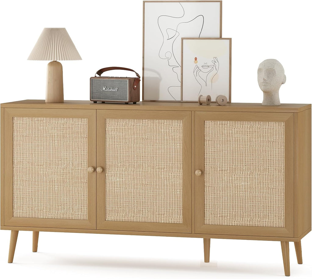 Farini 59.1" Buffet Cabinet with 3 Rattan Doors,Kitchen Sideboard for Dining Room, Hallway & Living Room, Coffee Bar Storage Console Table,Natural