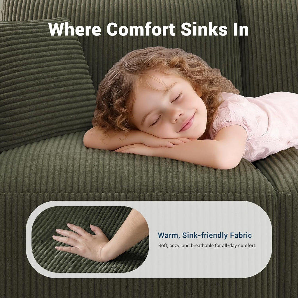 Modular Loveseat Couch Cloud Couches for Living Room - 79" Boneless Sofa - No Assembly Required, Cozy Corduroy Convertible Full Sponge Compression Sofas for House, Apartment(Green)