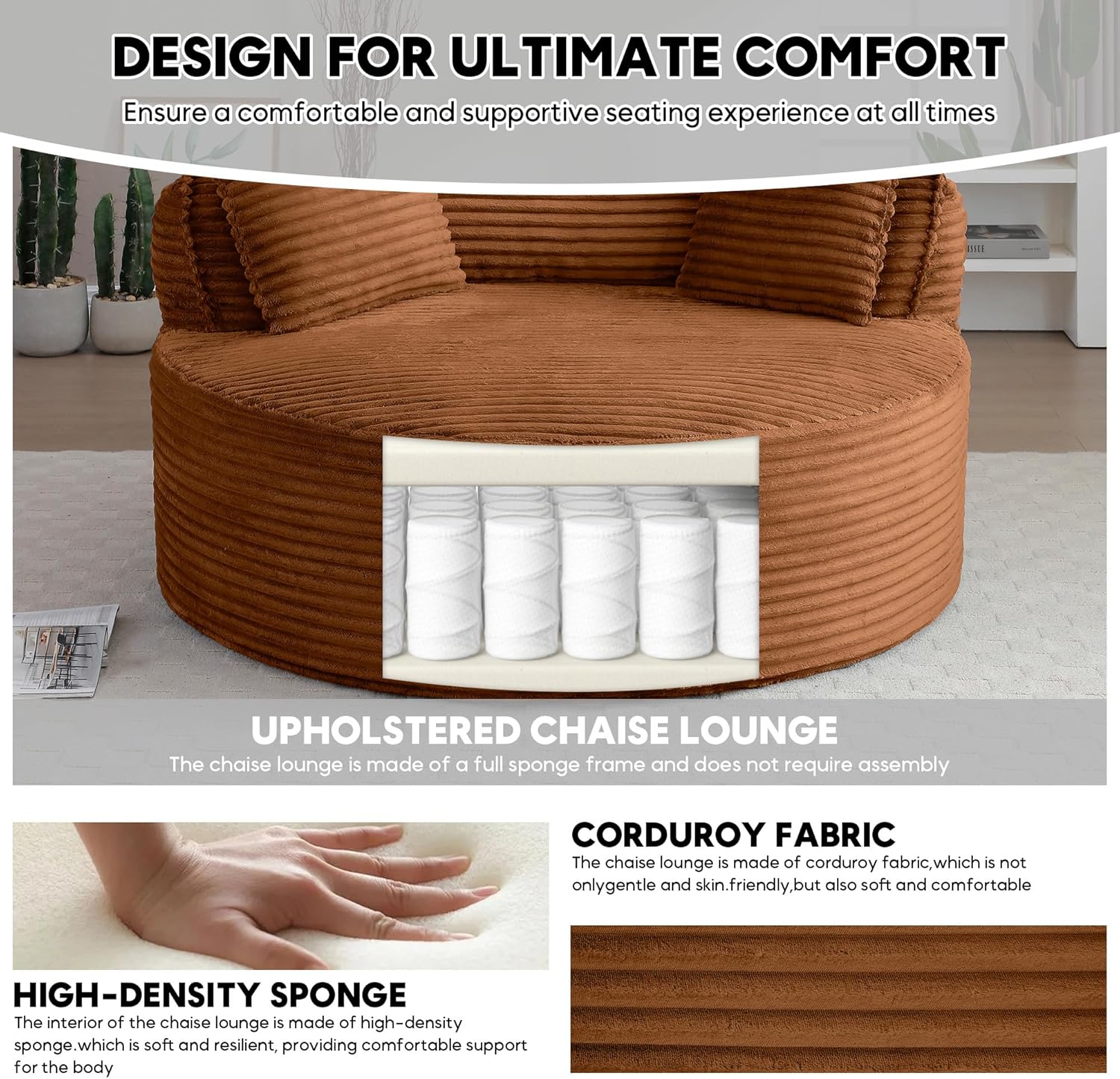 Oversized Round Chair Lounge Chaise Indoor, 53.5" Upholstered Corduroy Deep Seat Single Cloud Sofa Chair, Fluffy Modern Large Circle Boneless Sleeper Sofa for Living Room, Bedroom, Orange