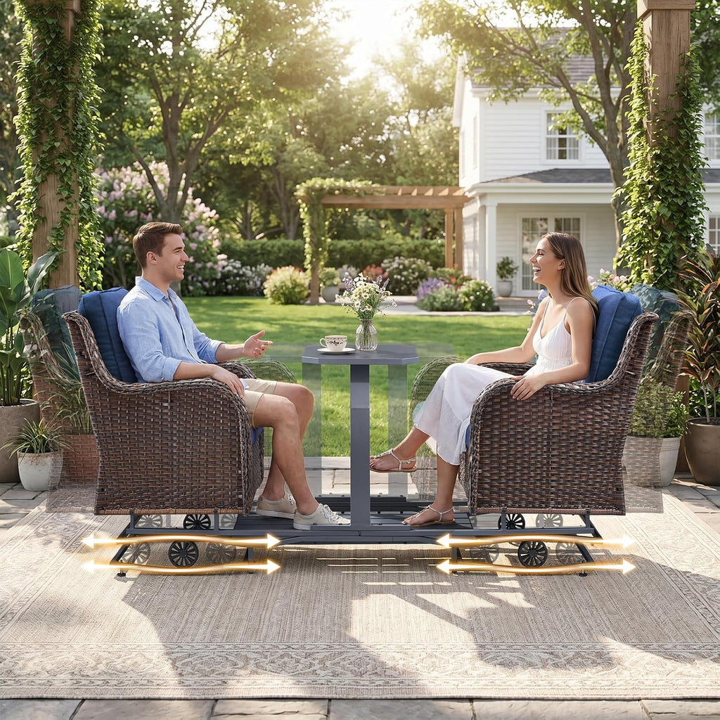 Rilyson Luxury Outdoor Wicker Glider Rocker Chairs for 4 Person, Outdoor Furniture Sets with 2 Piece Wicker Swivel Rocker Chairs, Rattan Glider Rocker Chairs with Table for 2 Seats Brown/Blue