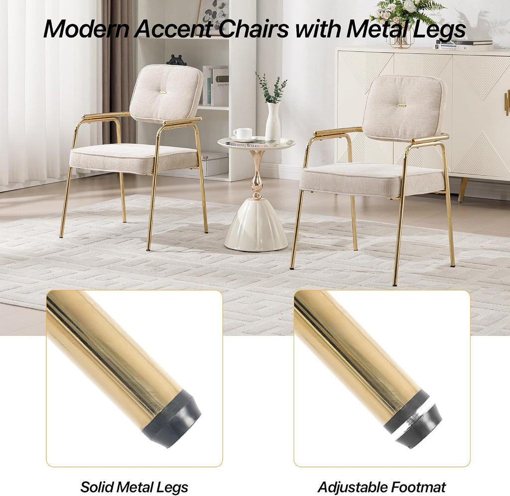 HENGJIANYI Accent Chair Dining Chair Set of 2, Chenille Upholstered Armchair Reading Side Chair, Comfy Living Room Chair with Gold Metal Legs for Bedroom Waiting Room, Beige