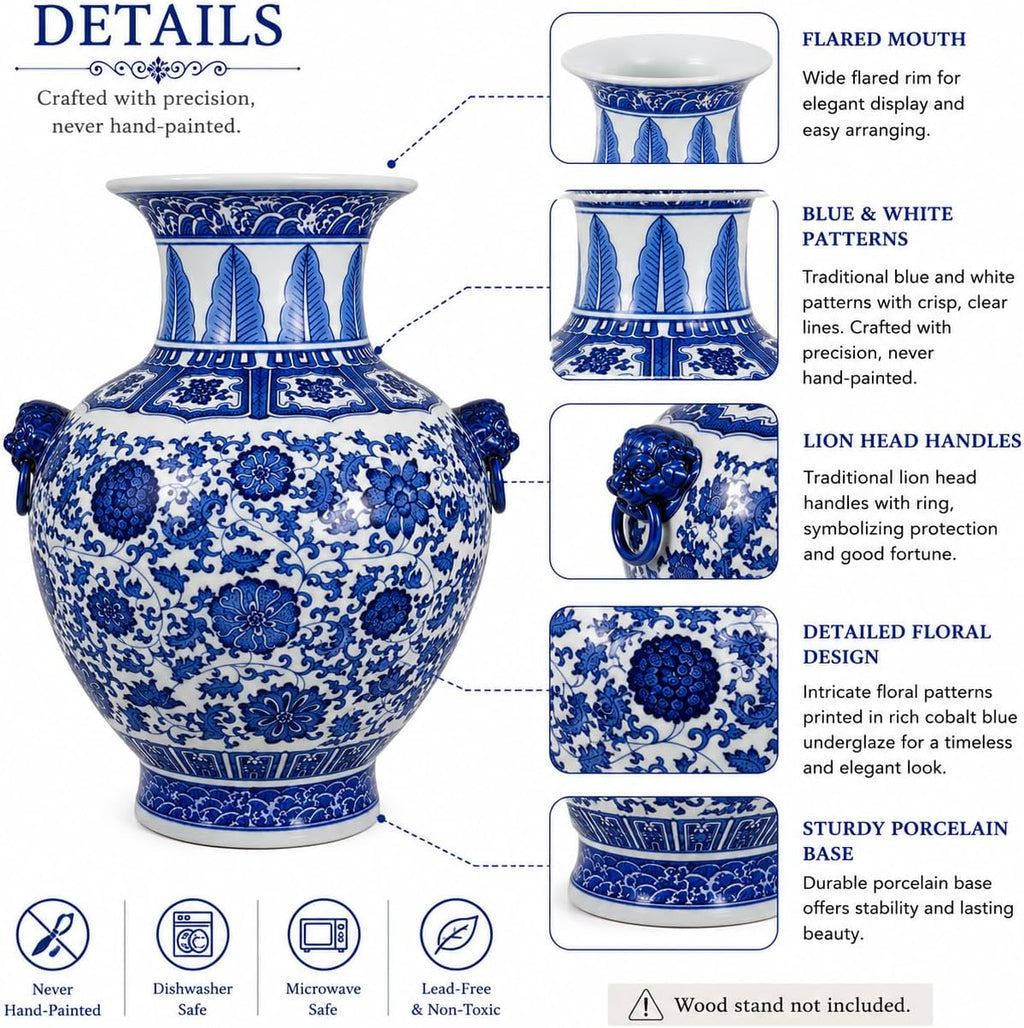 16“ Classic Blue and White Floral Porcelain Vase, Double Lion Head Ears Ceramic China Ming Style