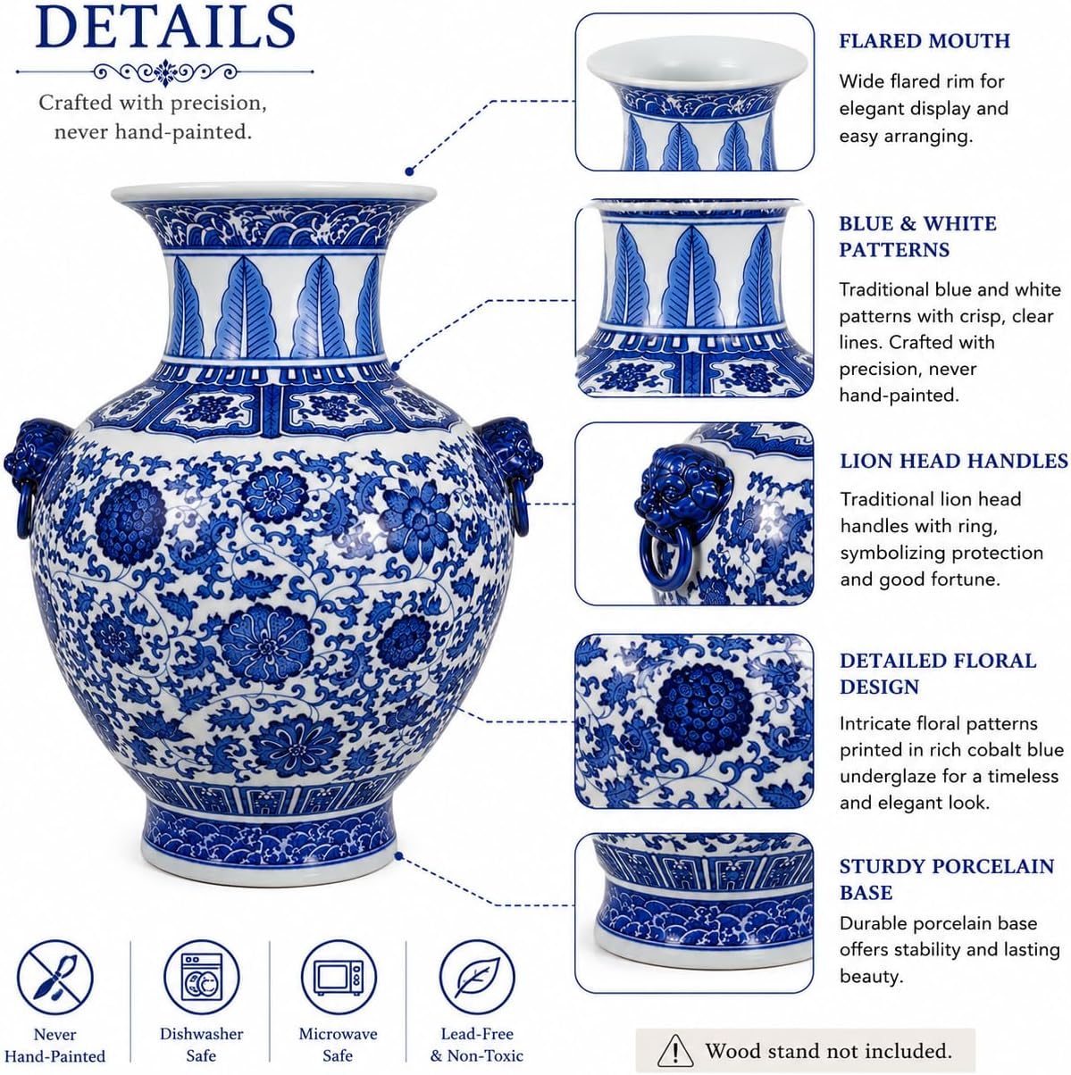16“ Classic Blue and White Floral Porcelain Vase, Double Lion Head Ears Ceramic China Ming Style