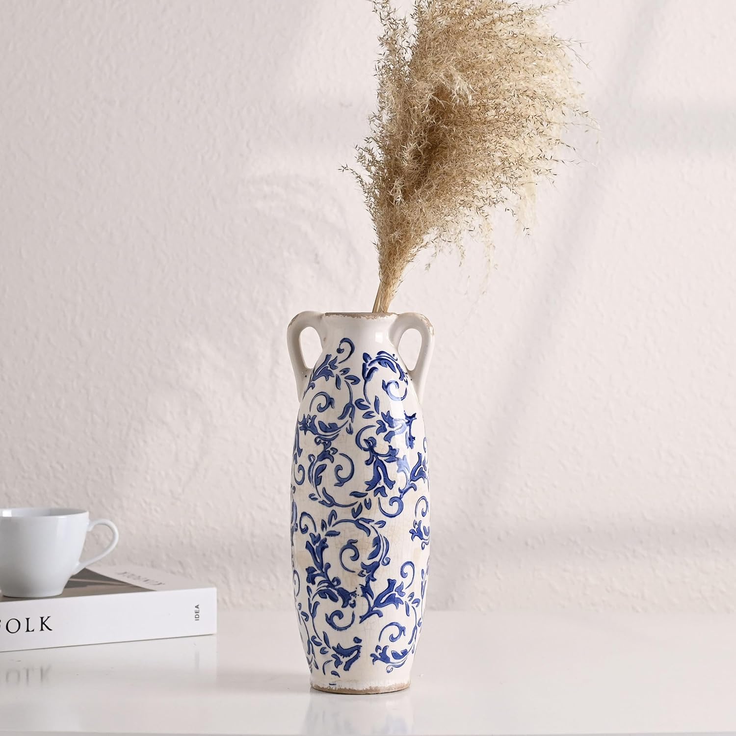 VICTOR & TERESA Blue and White Floor Vase for Pampas Grass, 11'' Tall Vase for Home Decor, Ceramic Farmhouse Decorative Large Vases for Flower, Mantel, Living Room, Shelf, Centerpieces, Gift for Mom