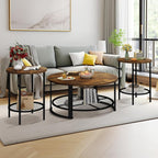 Recaceik Round Coffee Table and End Table Set of 3 with Storage, Modern Vintage Dark Brown Coffee Table and Side Table for Living Room, Office, Apartment, Small Space