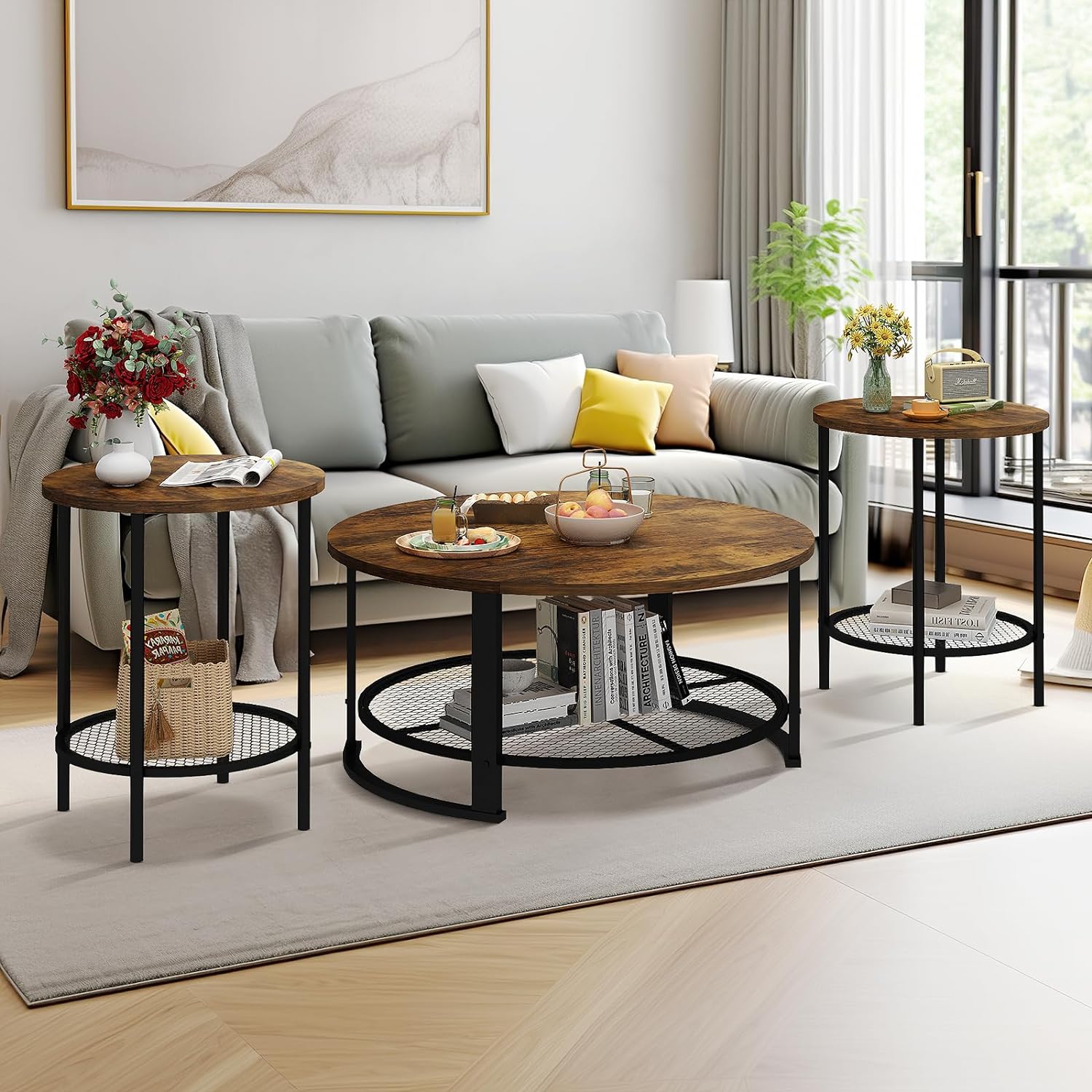 Recaceik Round Coffee Table and End Table Set of 3 with Storage, Modern Vintage Dark Brown Coffee Table and Side Table for Living Room, Office, Apartment, Small Space