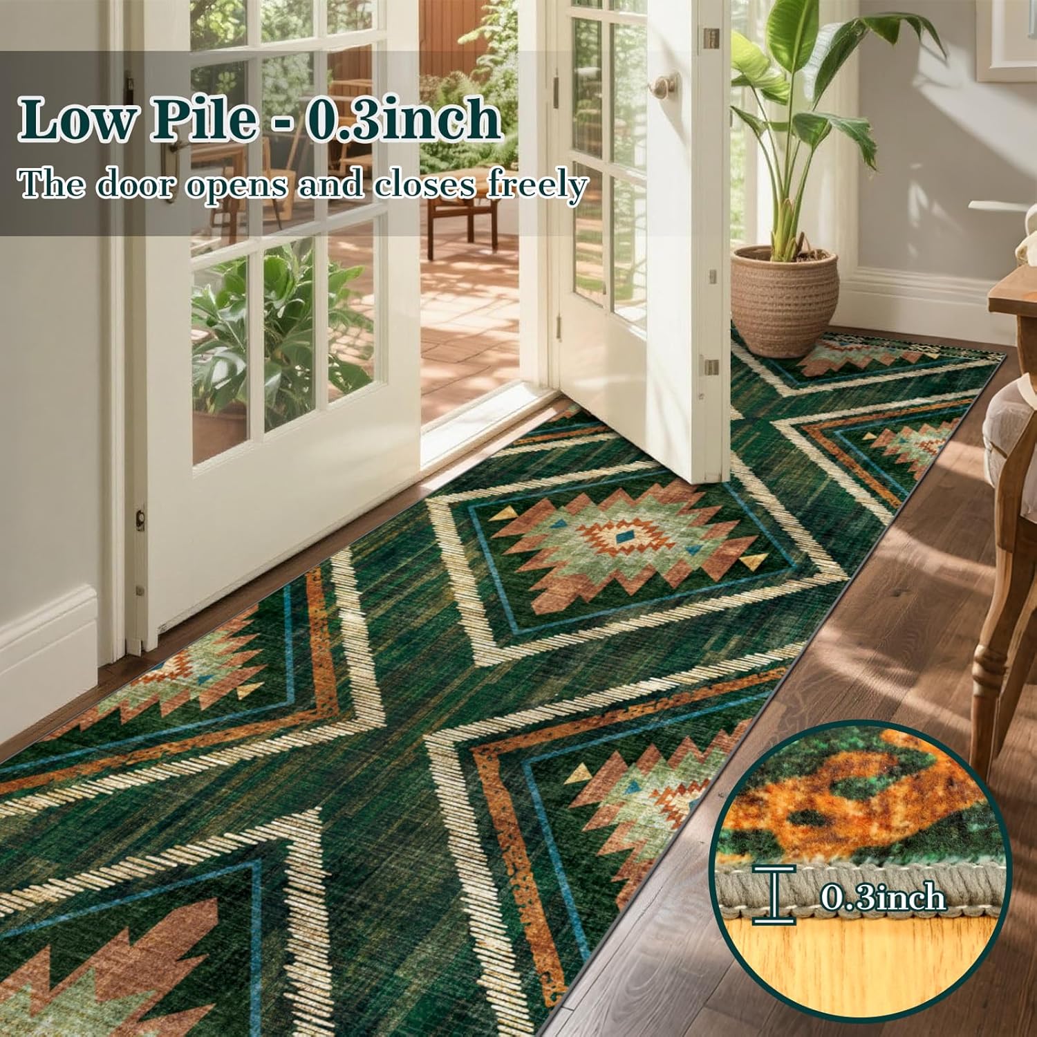 3x12Ft Boho Runner Rugs for Hallway Non Slip, Long Wide Green Geometric Washable Kitchen Rug Runner, Soft Moroccan Entryway Floor Carpets for Entrance Doorway Office Decor