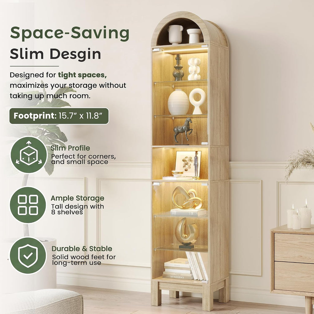 71" H Narrow Arched Display Cabinet with Glass Doors & 8-Tier Shelves, Slim Curio Cabinets with LED Lights for Collectibles/Perfume, Tall Storage Cabinets for Corner, Small Space (Oak)