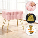 Vanity Stool Chair with Storage, Faux Fur Soft Padded Ottoman with Coffee Table, Modern Vanity Chair Fluffy Footstool with Metal Legs for Makeup, Living Room,Bedroom Pink