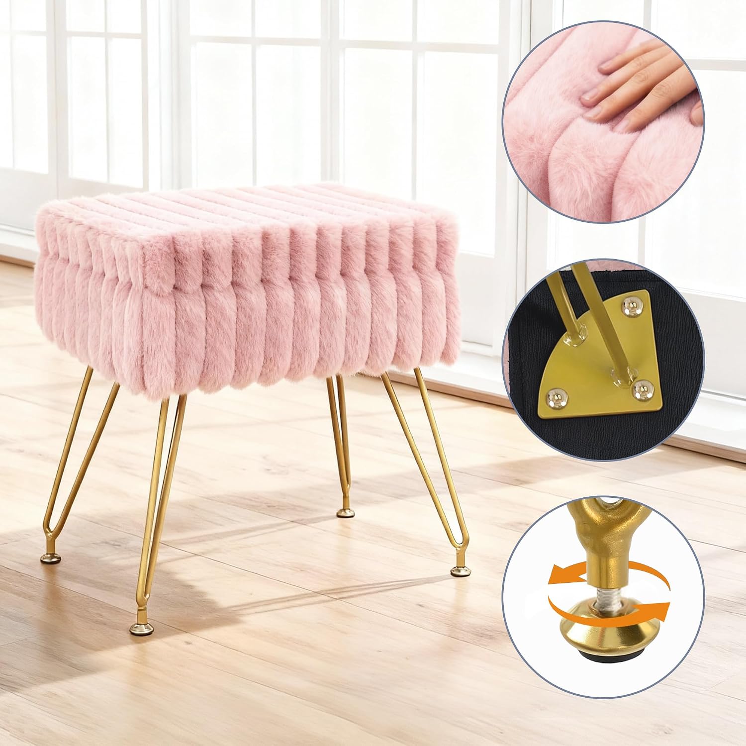 Vanity Stool Chair with Storage, Faux Fur Soft Padded Ottoman with Coffee Table, Modern Vanity Chair Fluffy Footstool with Metal Legs for Makeup, Living Room,Bedroom Pink