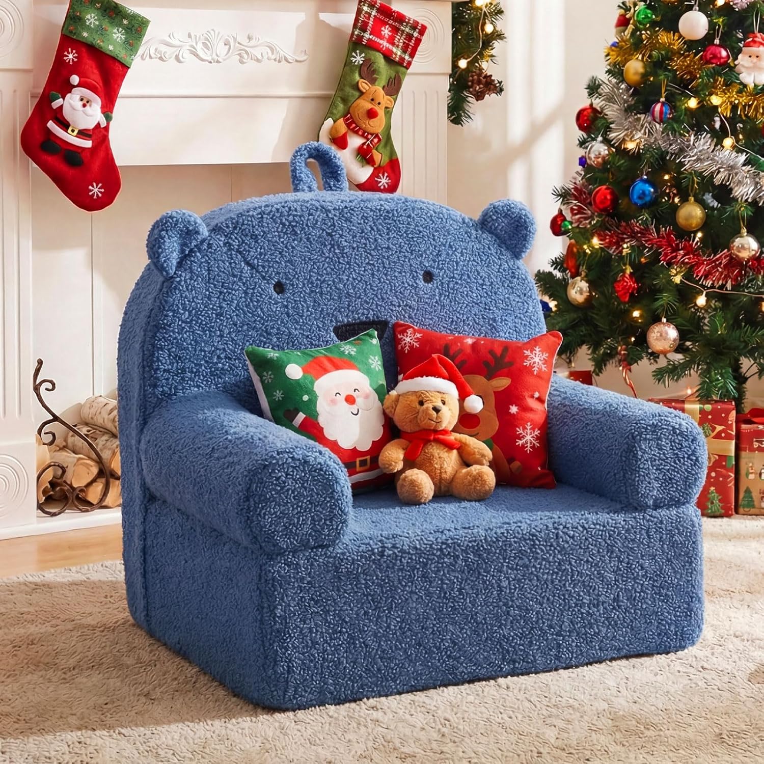 Costzon Kids Sofa, Comfy Bear Toddler Foam Couch with Soft Fleece Fabric Cover, Kids Furniture for Playroom, Children Reading Armchair for Boys & Girls Aged 3+ (["Teddy Fleece],Blue)